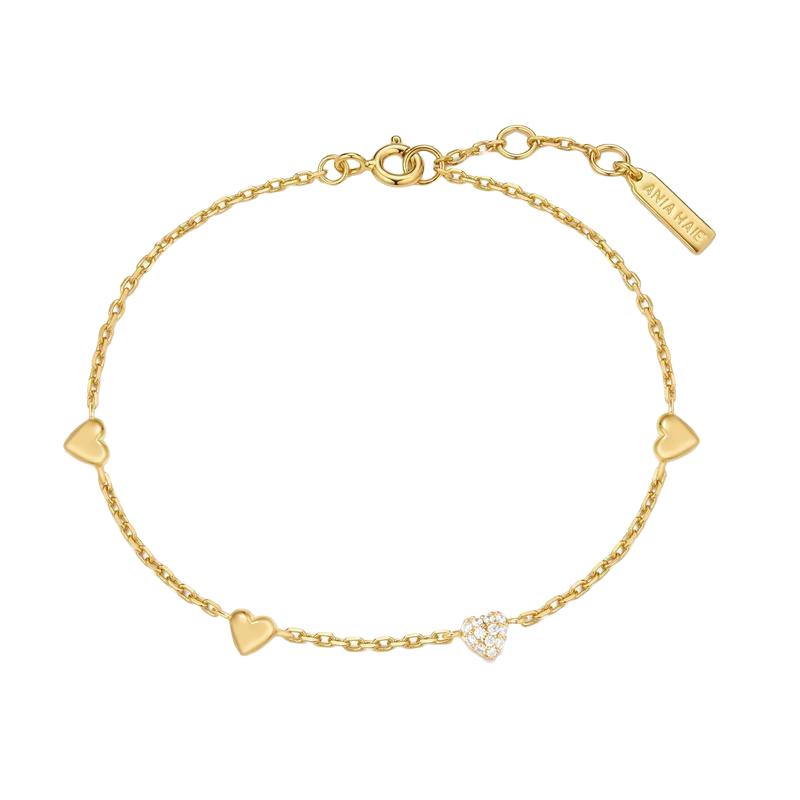 Ania Haie Gold Pave Puffed Heart Station Bracelet with 925 Silver