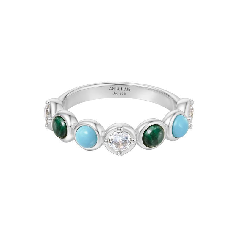 Ania Haie sterling silver ring featuring bezel-set malachite, turquoise, and sparkling cubic zirconia stones.