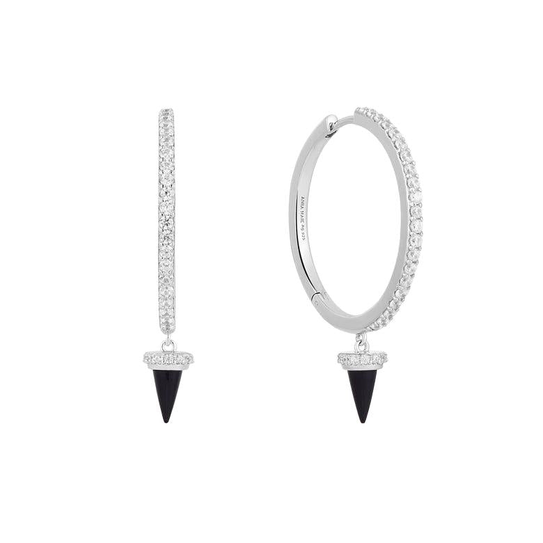 Ania Haie Silver Black Agate Drop Hoop Earrings