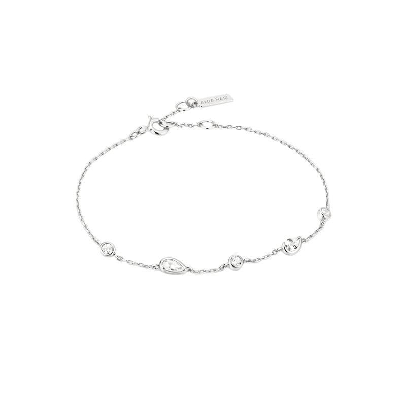 A delicate silver chain bracelet with small teardrop-shaped links and a lobster clasp, displayed on a clean white background.
