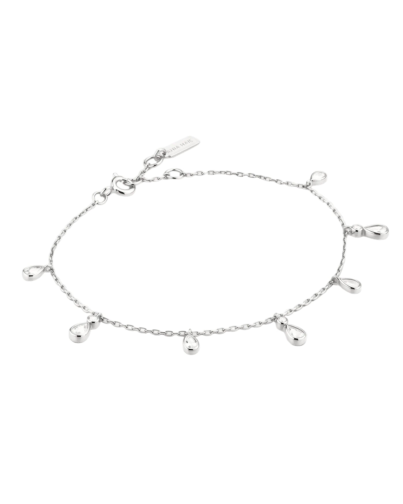 A delicate silver chain anklet featuring seven small teardrop-shaped silver charms, displayed on a clean white background.