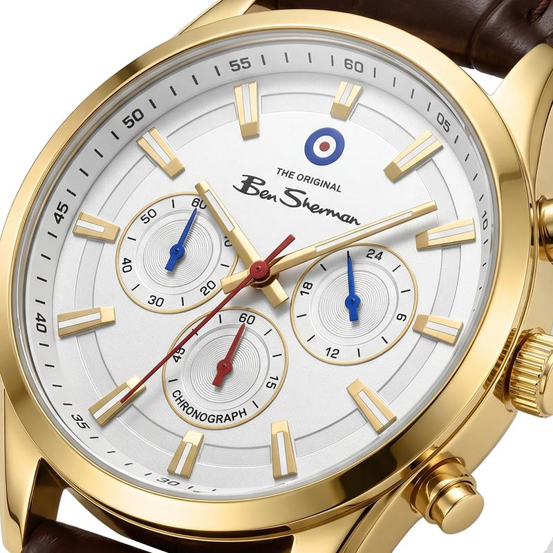 Ben Sherman Men's Gold-Tone Chronograph Watch with White Dial & Brown Leather Strap