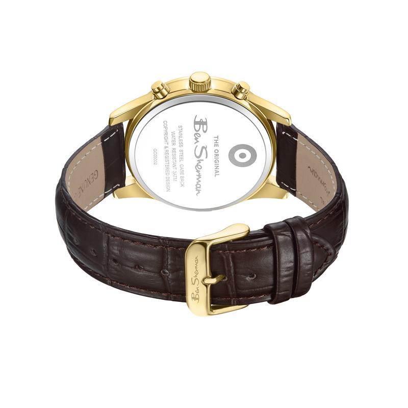 Ben Sherman Men's Gold-Tone Chronograph Watch with White Dial & Brown Leather Strap