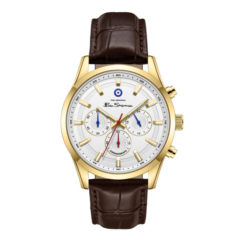 Ben Sherman Men's Gold-Tone Chronograph Watch with White Dial & Brown Leather Strap