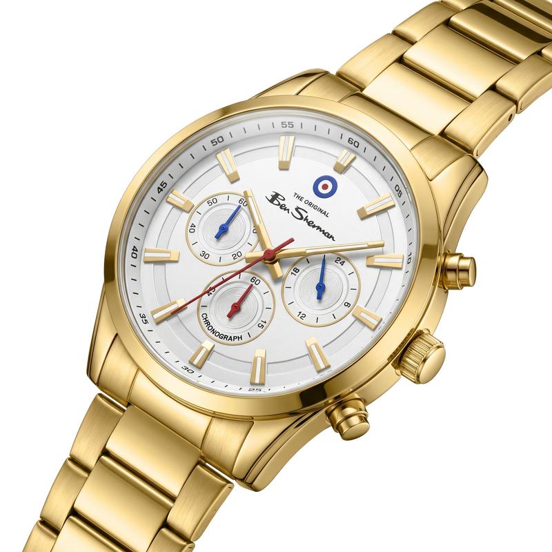Ben Sherman Men's Gold-Tone Chronograph Watch with White Dial & Gold Stainless Steel Bracelet