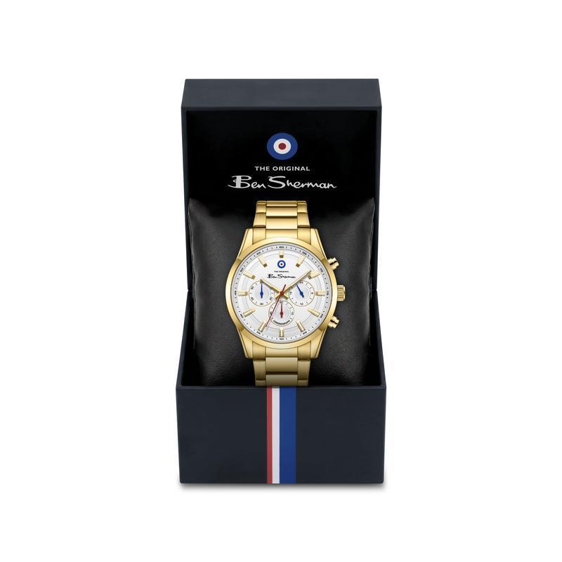 Ben Sherman Men's Gold-Tone Chronograph Watch with White Dial & Gold Stainless Steel Bracelet