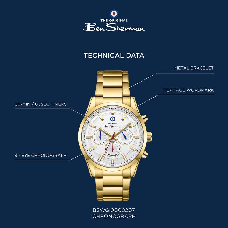 Ben Sherman Men's Gold-Tone Chronograph Watch with White Dial & Gold Stainless Steel Bracelet