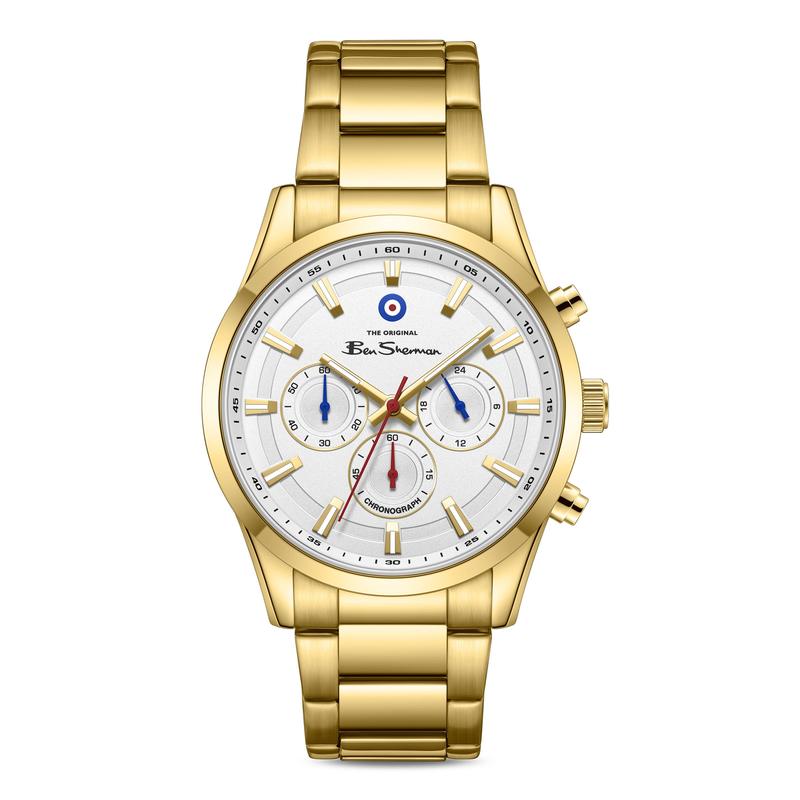 Ben Sherman Men's Gold-Tone Chronograph Watch with White Dial & Gold Stainless Steel Bracelet