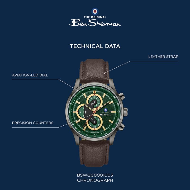 Ben Sherman Men's Green Chronograph Watch with Brown Leather Strap