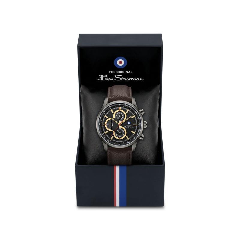 Ben Sherman Men’s Gunmetal Chronograph Watch with Black Dial and Brown Leather Strap