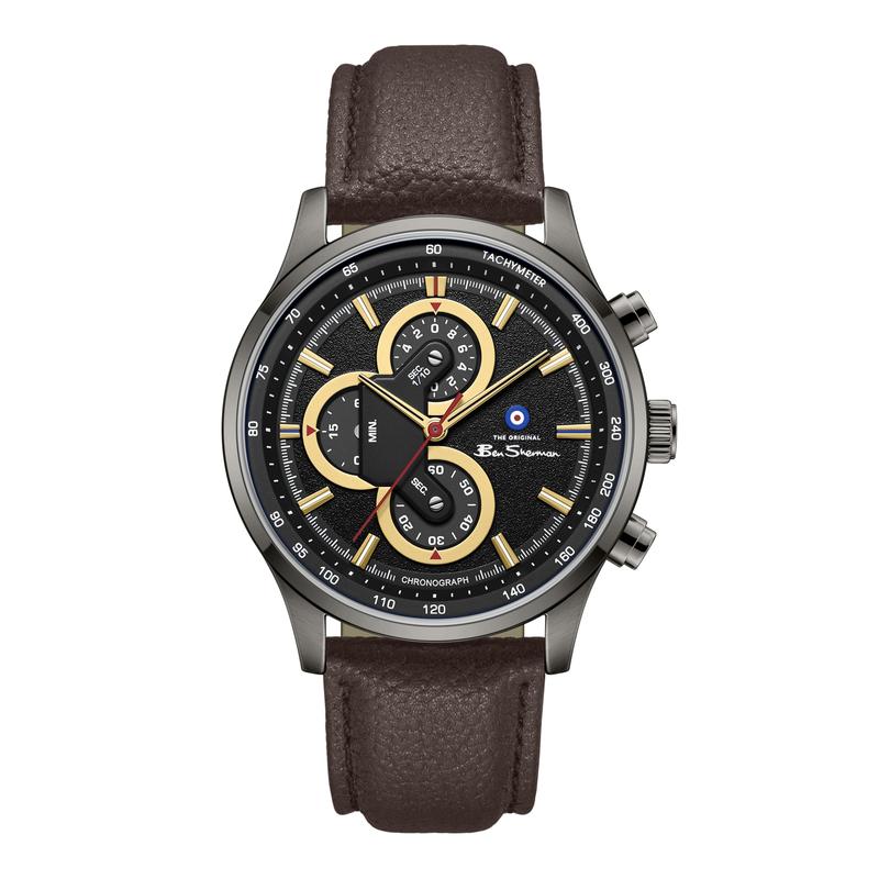 Ben Sherman Men’s Gunmetal Chronograph Watch with Black Dial and Brown Leather Strap