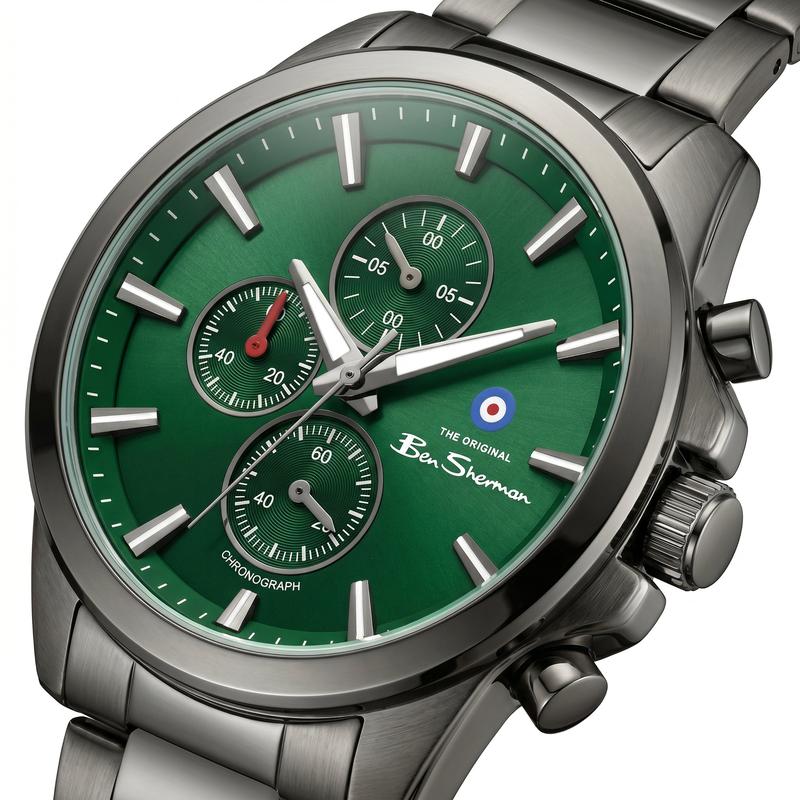 Ben Sherman Men's Gunmetal Chronograph Watch with Green Dial & Gunmetal Stainless Steel Bracelet