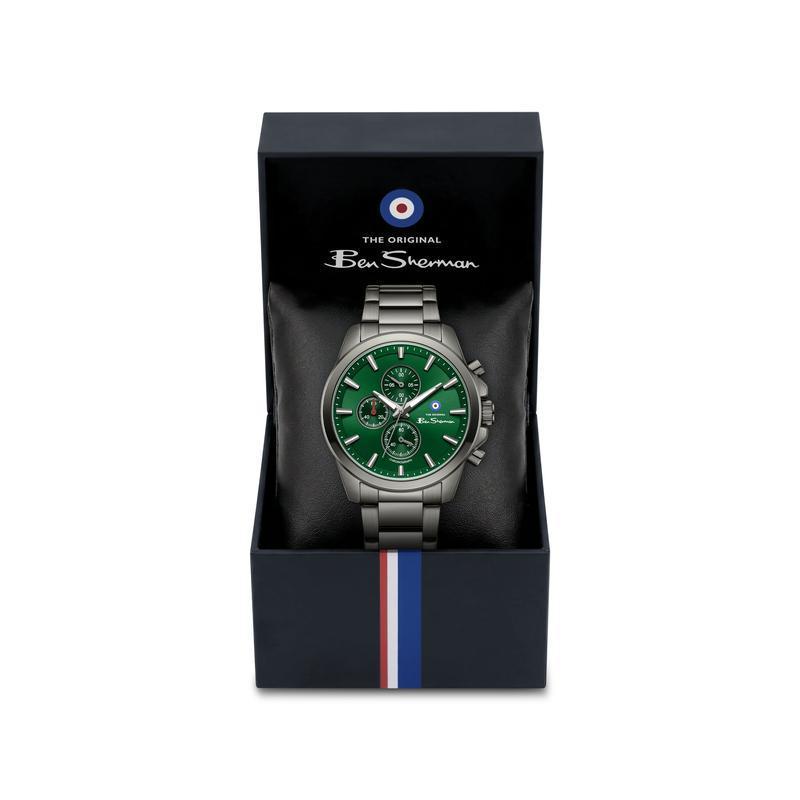 Ben Sherman Men's Gunmetal Chronograph Watch with Green Dial & Gunmetal Stainless Steel Bracelet