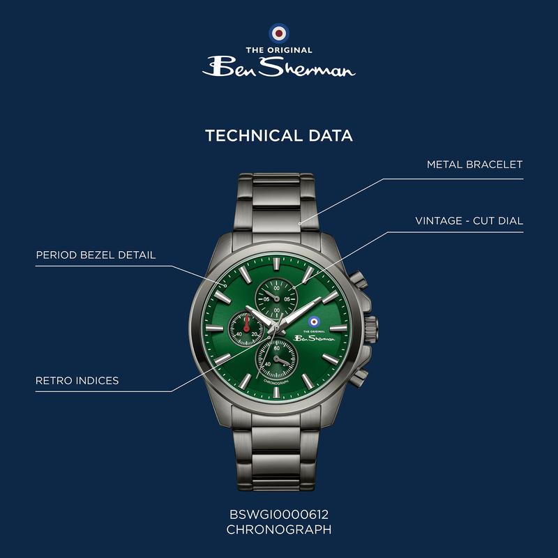 Ben Sherman Men's Gunmetal Chronograph Watch with Green Dial & Gunmetal Stainless Steel Bracelet
