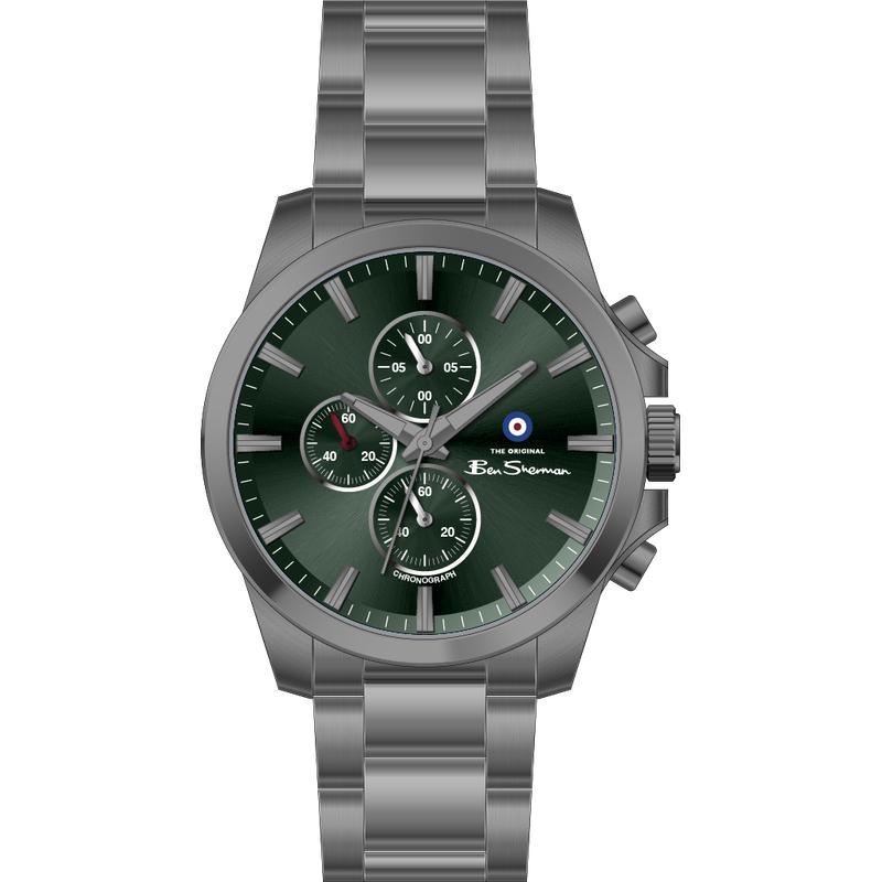 Ben Sherman Men's Gunmetal Chronograph Watch with Green Dial & Gunmetal Stainless Steel Bracelet