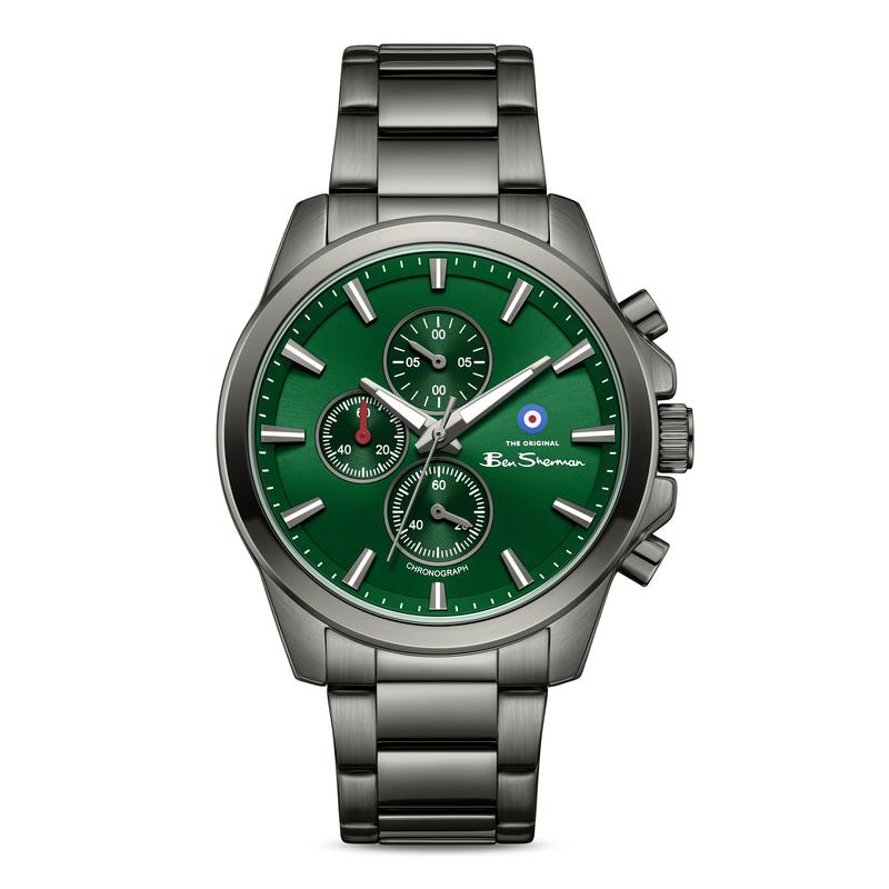 Ben Sherman Men's Gunmetal Chronograph Watch with Green Dial & Gunmetal Stainless Steel Bracelet