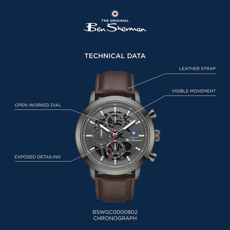 Ben Sherman Men's Gunmetal Skeleton Chronograph Watch with Brown Leather Strap