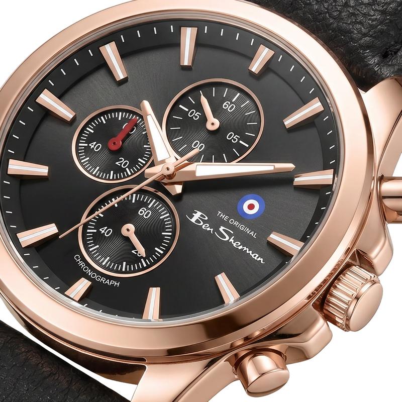 Ben Sherman Men's Rose Gold Chronograph Watch with Black Dial & Black Leather Strap