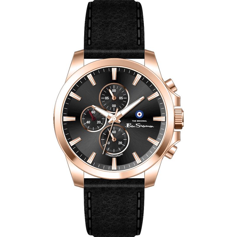 Ben Sherman Men's Rose Gold Chronograph Watch with Black Dial & Black Leather Strap