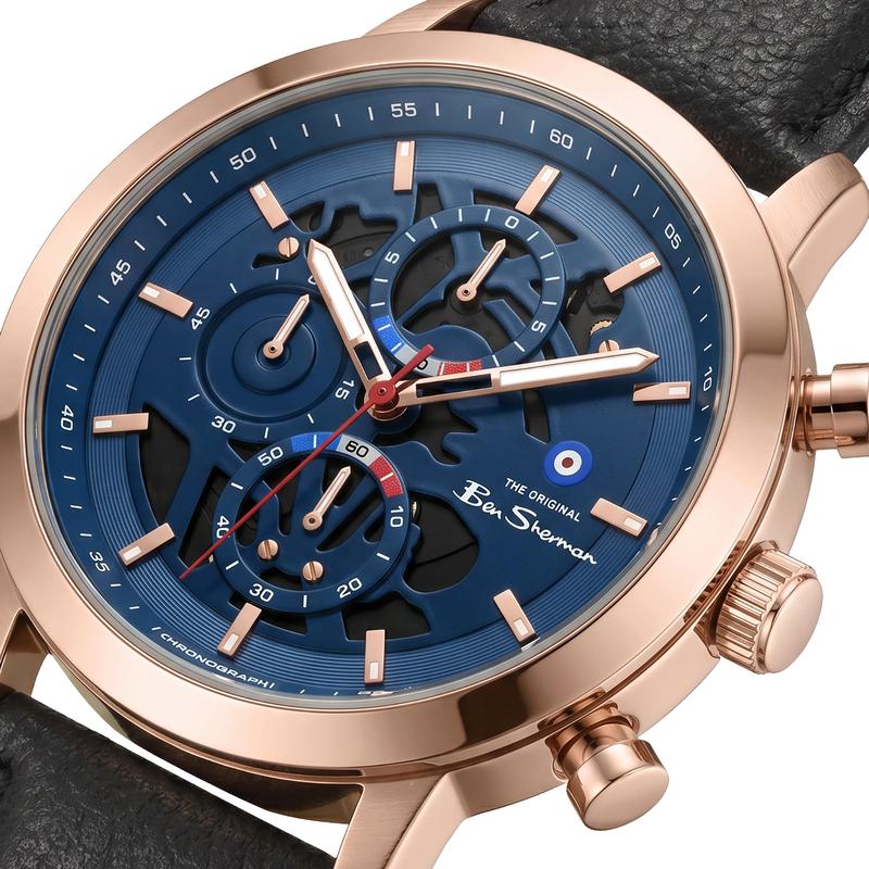 Ben Sherman Men's Rose Gold Skeleton Chronograph Watch with Black Leather Strap