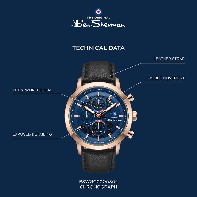 Ben Sherman Men's Rose Gold Skeleton Chronograph Watch with Black Leather Strap