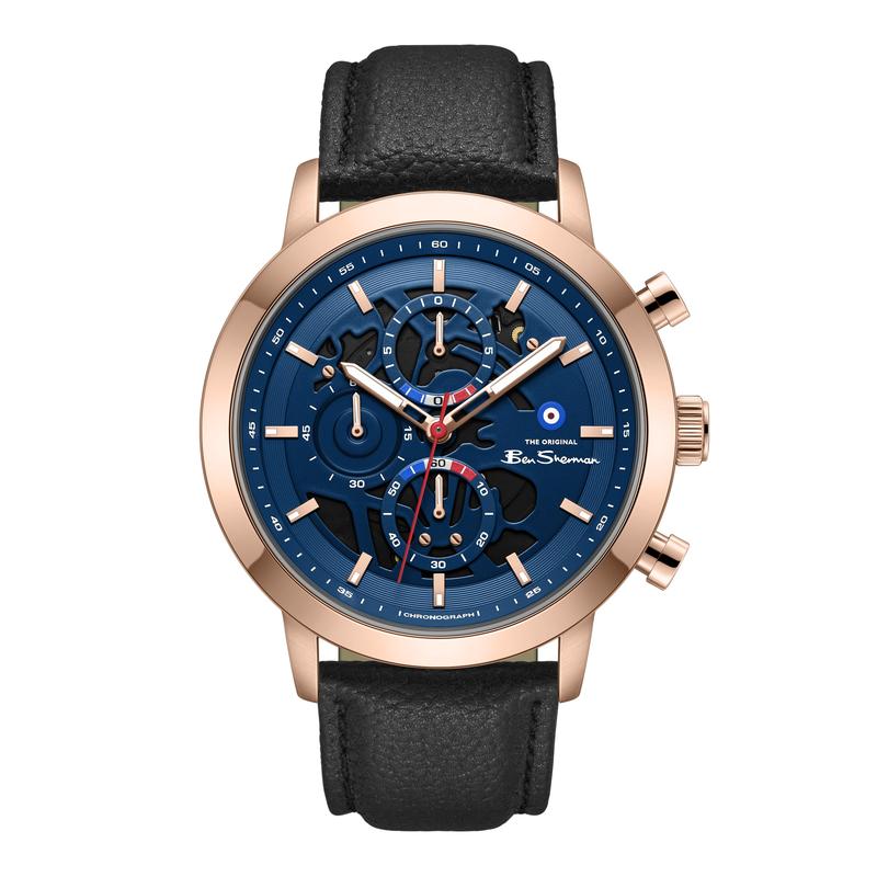 Ben Sherman Men's Rose Gold Skeleton Chronograph Watch with Black Leather Strap
