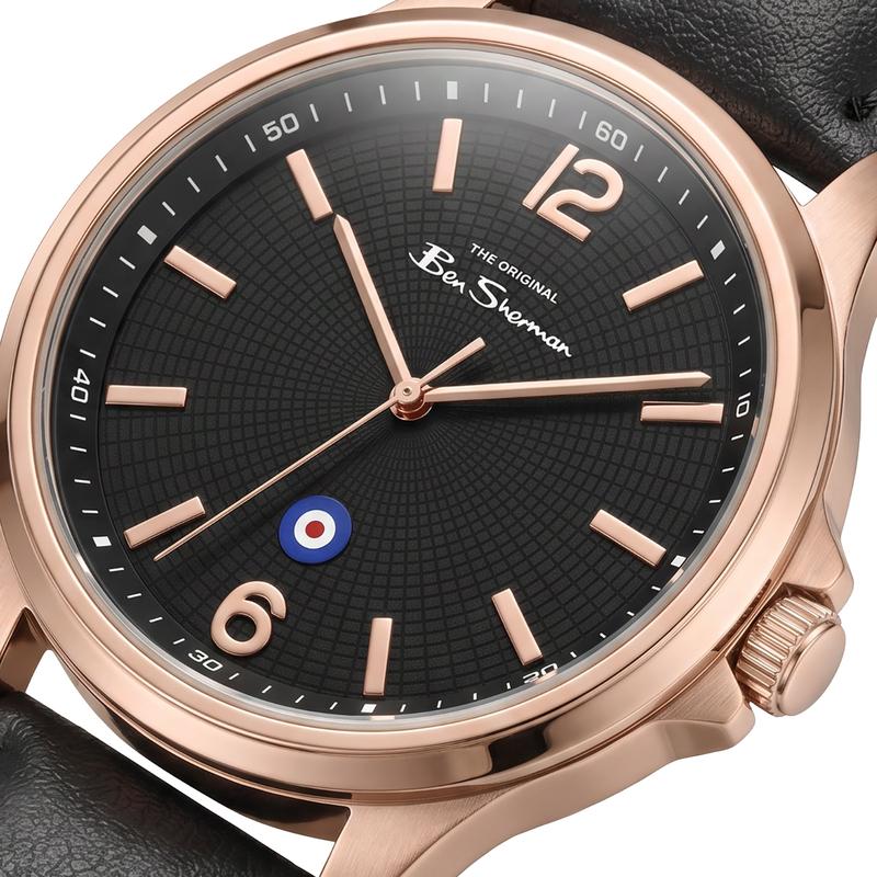 Ben Sherman Men’s Rose Gold-Tone Watch with Black Dial and Leather Strap