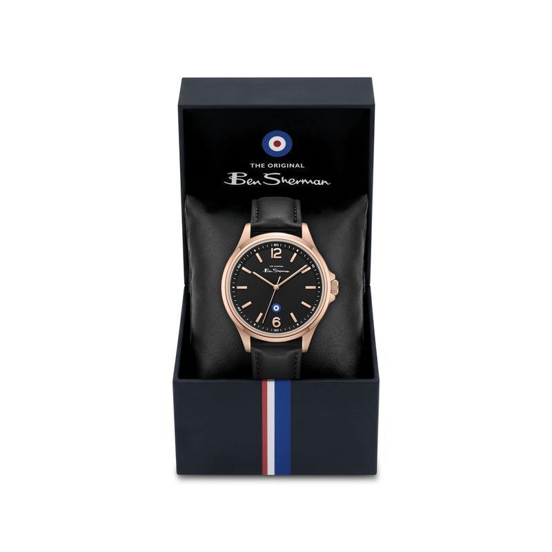 Ben Sherman Men’s Rose Gold-Tone Watch with Black Dial and Leather Strap