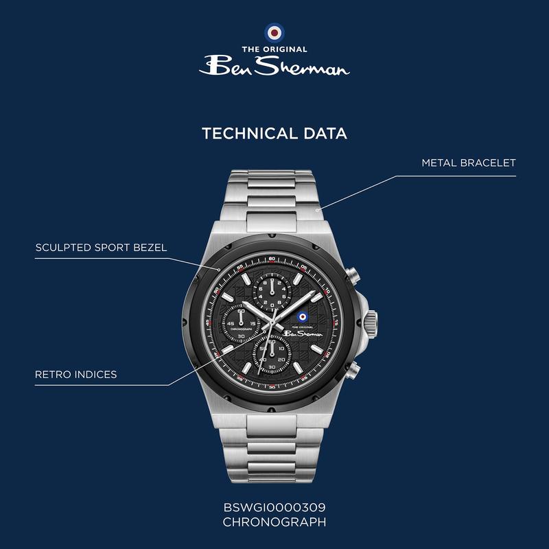 Ben Sherman Men's Silver & Black Chronograph Watch with Stainless Steel Bracelet