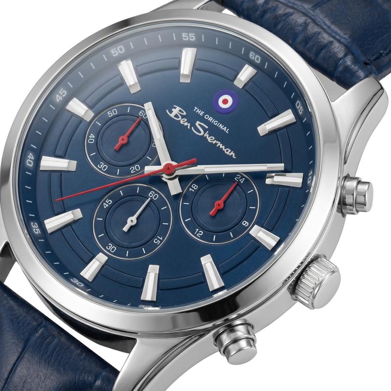 Ben Sherman Men's Silver Chronograph Watch with Blue Dial & Blue Leather Strap