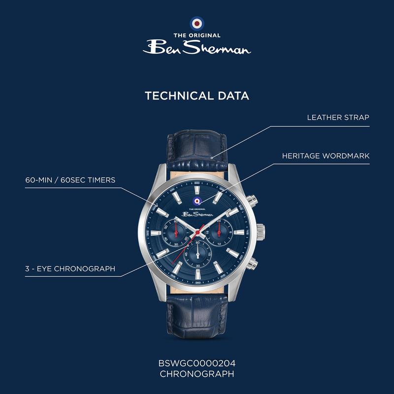 Ben Sherman Men's Silver Chronograph Watch with Blue Dial & Blue Leather Strap