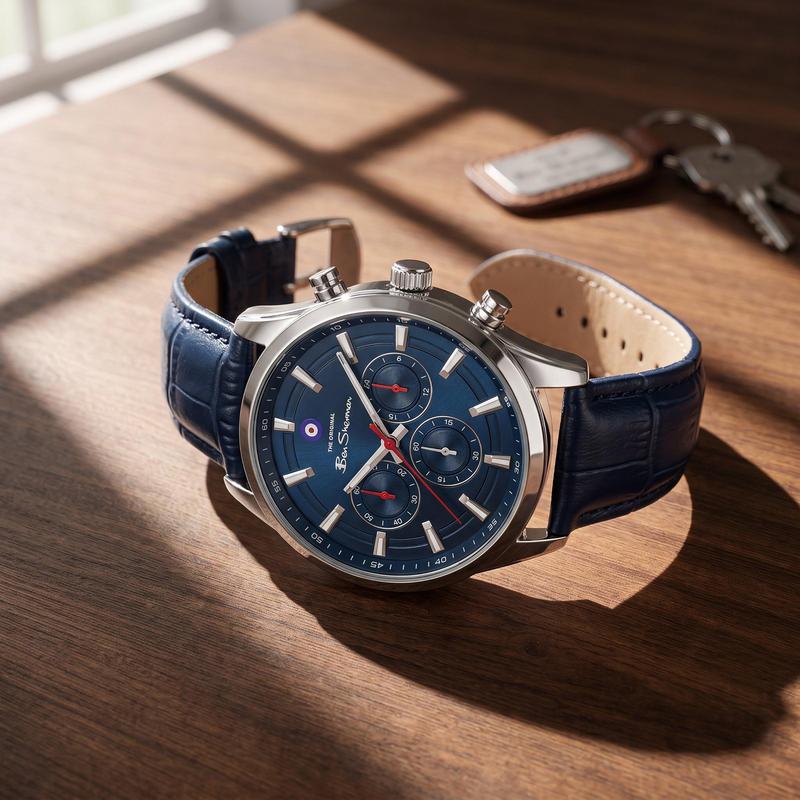 Ben Sherman Men's Silver Chronograph Watch with Blue Dial & Blue Leather Strap