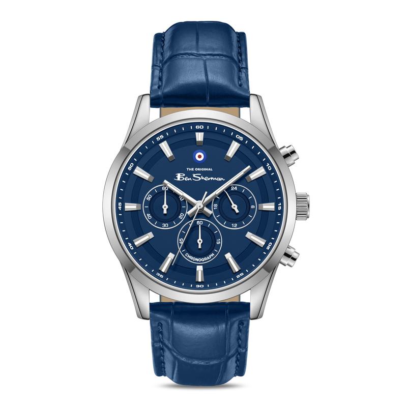 Ben Sherman Men's Silver Chronograph Watch with Blue Dial & Blue Leather Strap