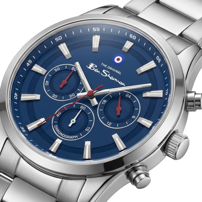 Ben Sherman Men's Silver Chronograph Watch with Blue Dial & Stainless Steel Bracelet