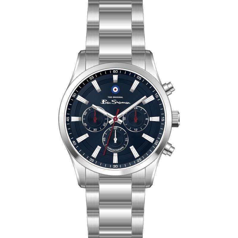 Ben Sherman Men's Silver Chronograph Watch with Blue Dial & Stainless Steel Bracelet