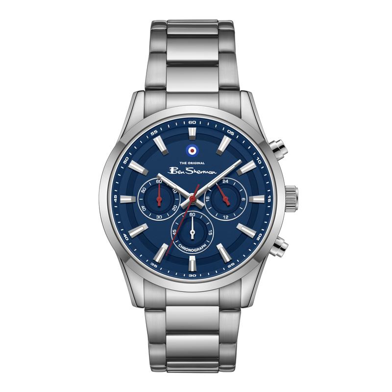 Ben Sherman Men's Silver Chronograph Watch with Blue Dial & Stainless Steel Bracelet