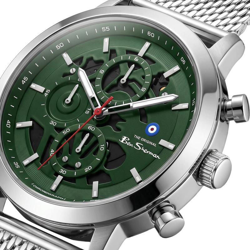 Ben Sherman Men's Silver Skeleton Chronograph Watch with Green Dial & Stainless Steel Mesh Bracelet