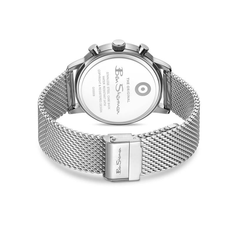 Ben Sherman Men's Silver Skeleton Chronograph Watch with Green Dial & Stainless Steel Mesh Bracelet