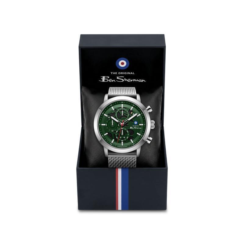 Ben Sherman Men's Silver Skeleton Chronograph Watch with Green Dial & Stainless Steel Mesh Bracelet