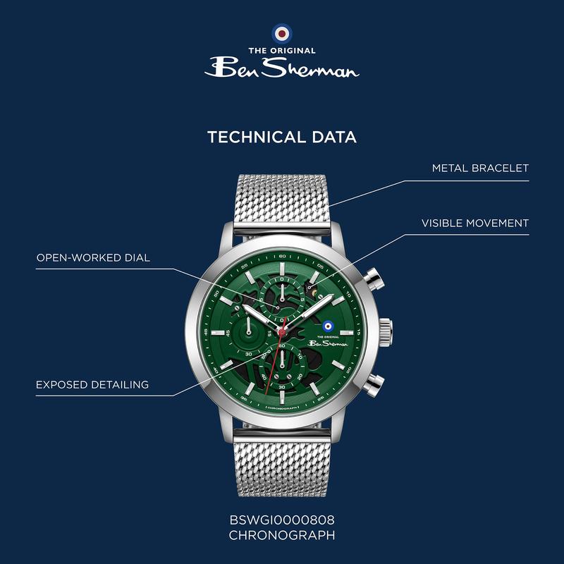 Ben Sherman Men's Silver Skeleton Chronograph Watch with Green Dial & Stainless Steel Mesh Bracelet