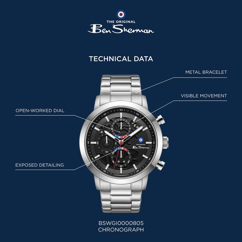 Ben Sherman Men's Silver Skeleton Chronograph Watch with Stainless Steel Bracelet