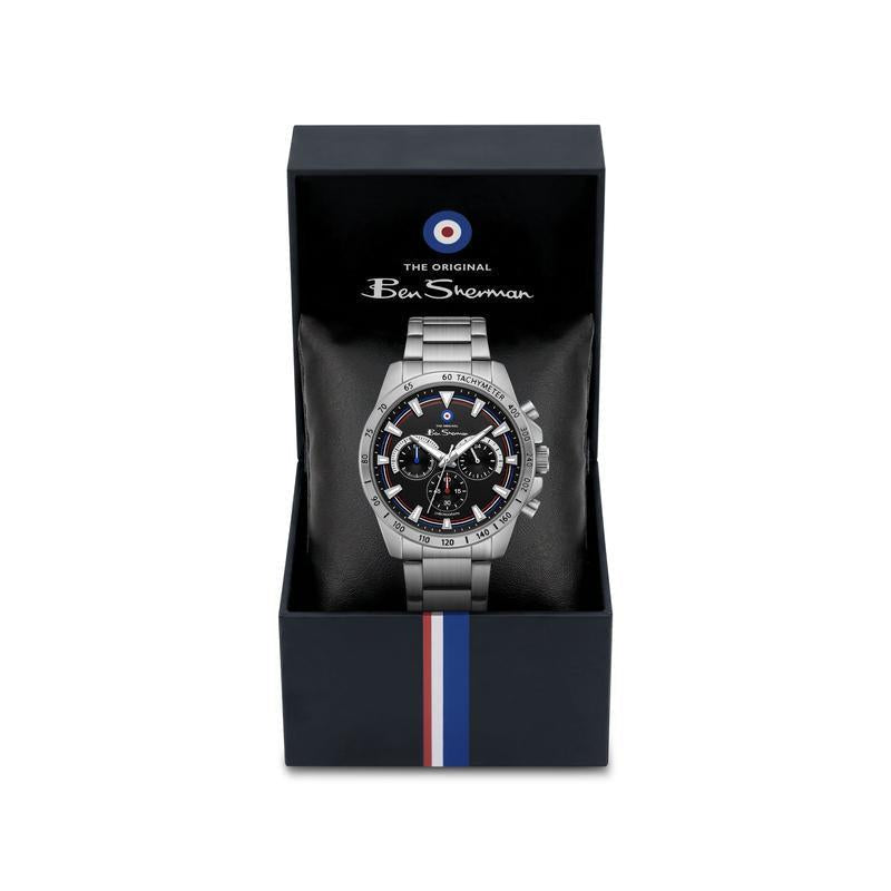 Ben Sherman Men’s Silver-Tone Chronograph Watch with Black Dial
