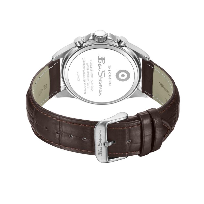 Ben Sherman Men’s Silver-Tone Chronograph Watch with Brown Leather Strap