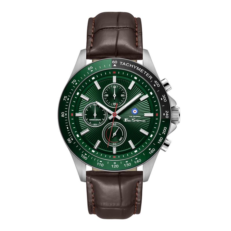 Ben Sherman Men’s Silver-Tone Chronograph Watch with Brown Leather Strap