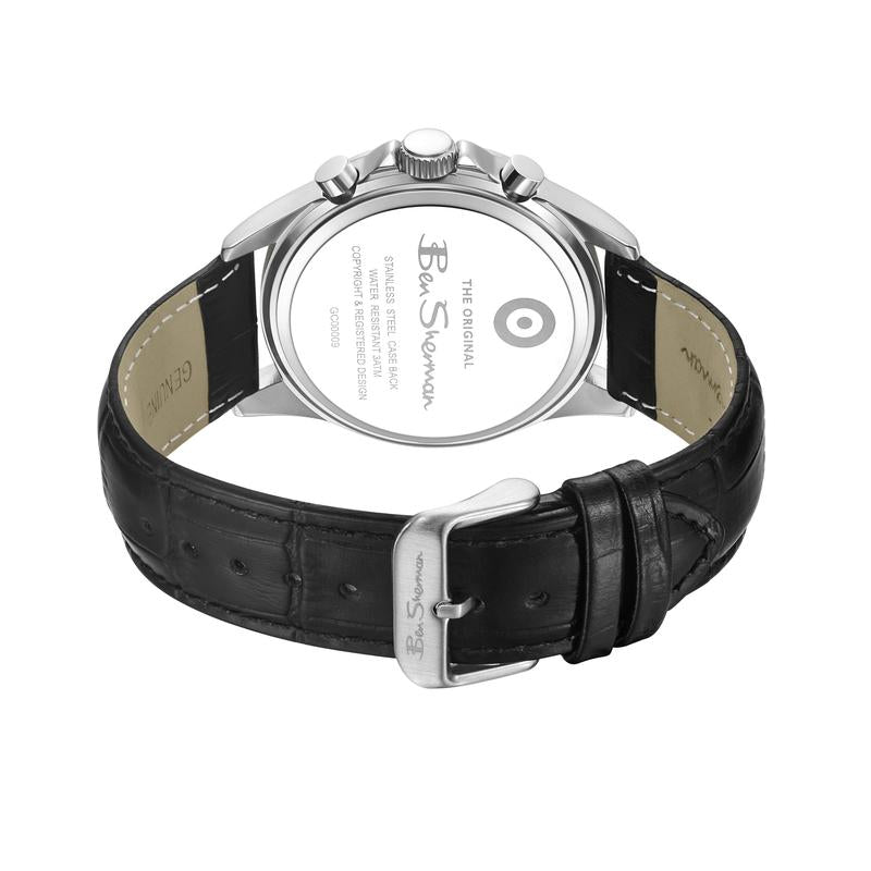 Ben Sherman Men’s Silver-Tone Chronograph Watch with Navy Dial and Black Leather Strap