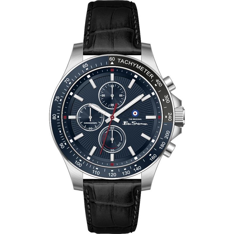 Ben Sherman Men’s Silver-Tone Chronograph Watch with Navy Dial and Black Leather Strap