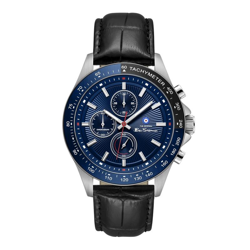 Ben Sherman Men’s Silver-Tone Chronograph Watch with Navy Dial and Black Leather Strap