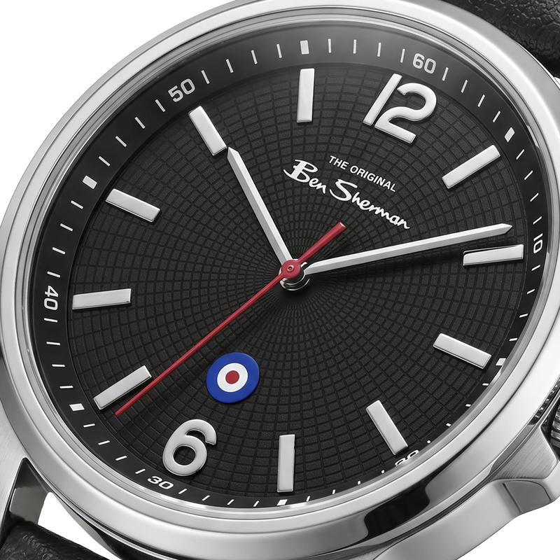 Ben Sherman Men’s Silver-Tone Watch with Black Dial and Leather Strap