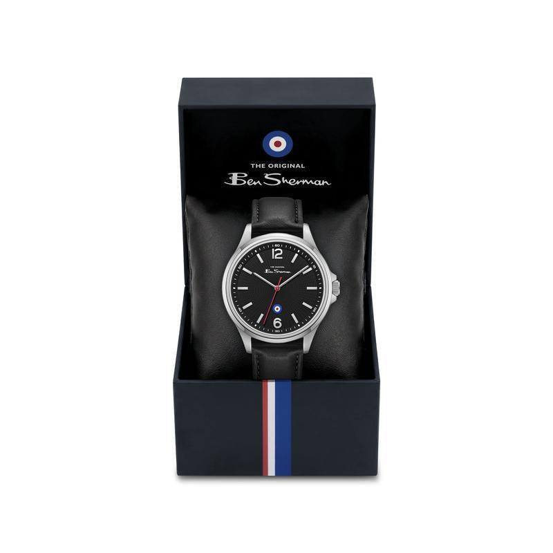 Ben Sherman Men’s Silver-Tone Watch with Black Dial and Leather Strap