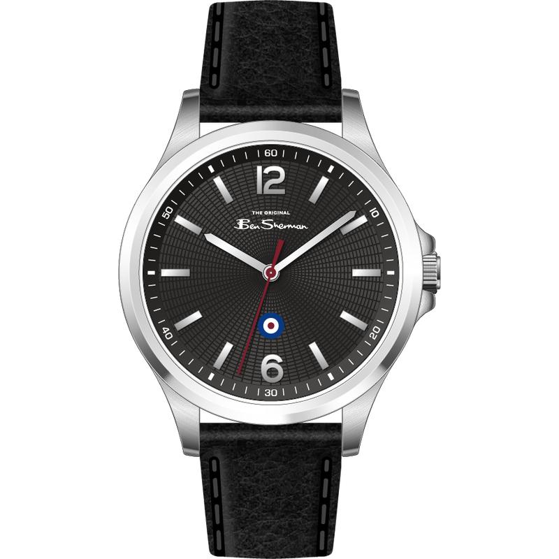 Ben Sherman Men’s Silver-Tone Watch with Black Dial and Leather Strap
